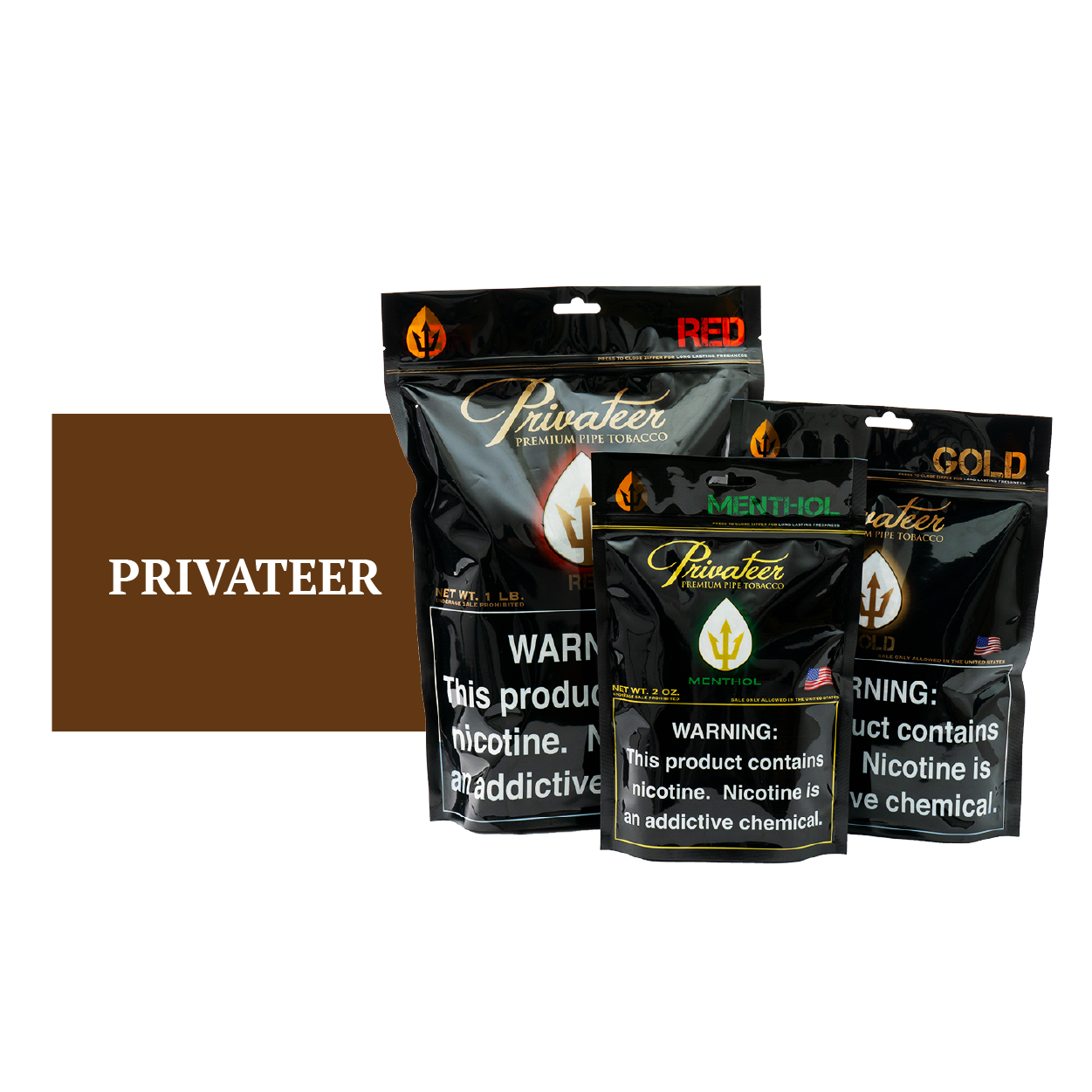 Privateer Red, Gold, Menthol bags.